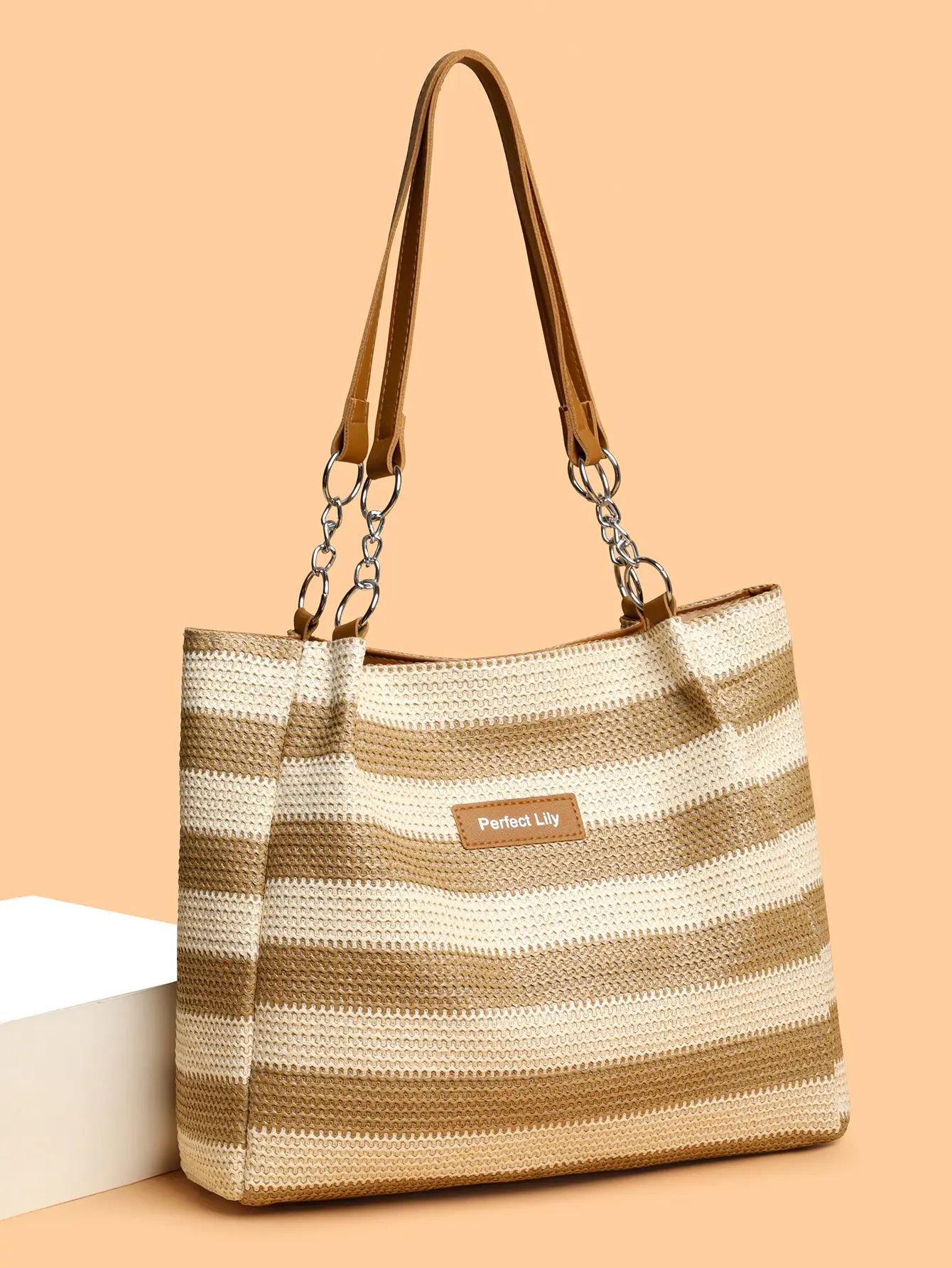 Women Cross Border Straw Tote Bag Red White Striped — feature 4