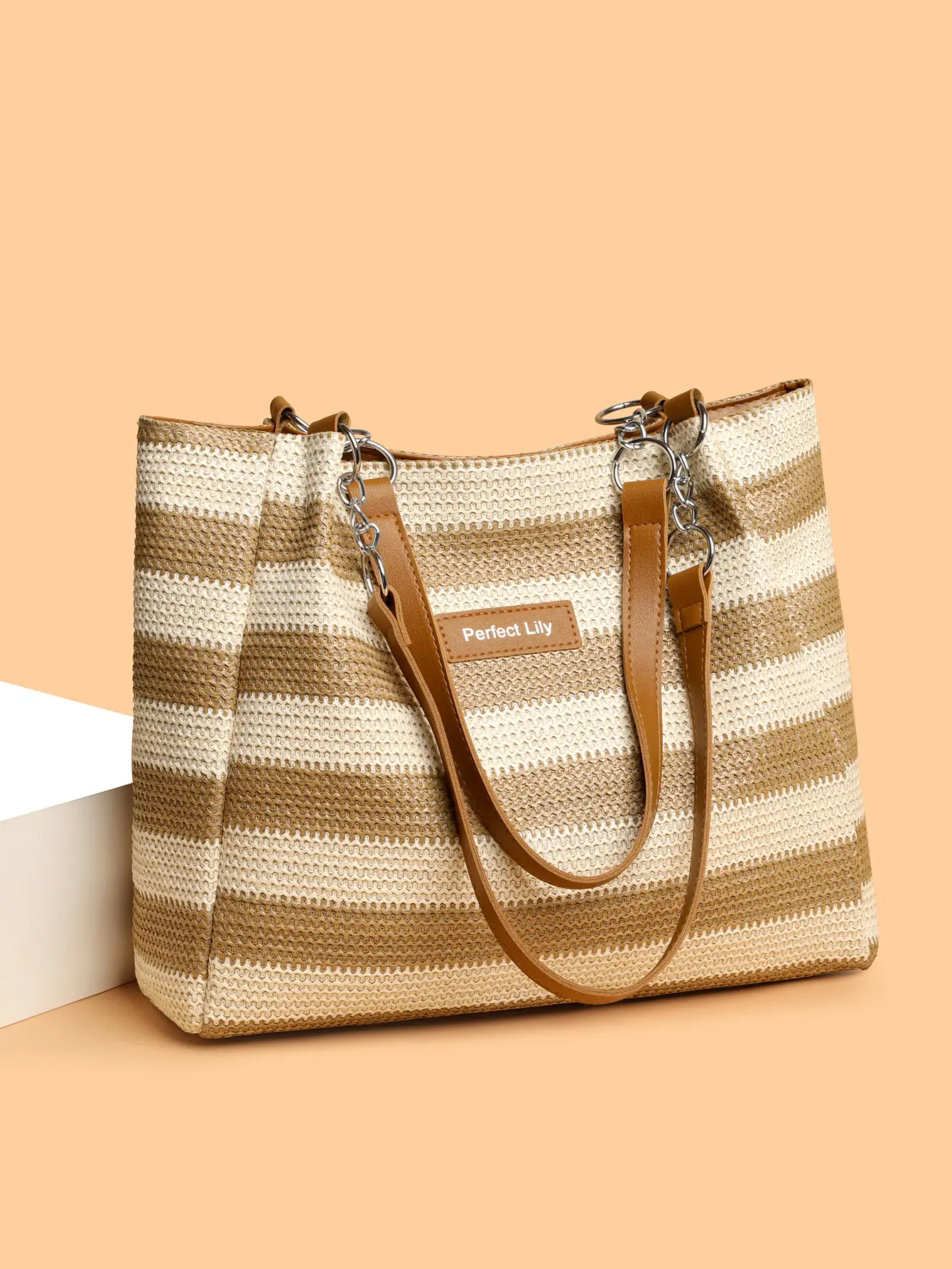 Women Cross Border Straw Tote Bag Red White Striped — feature 5