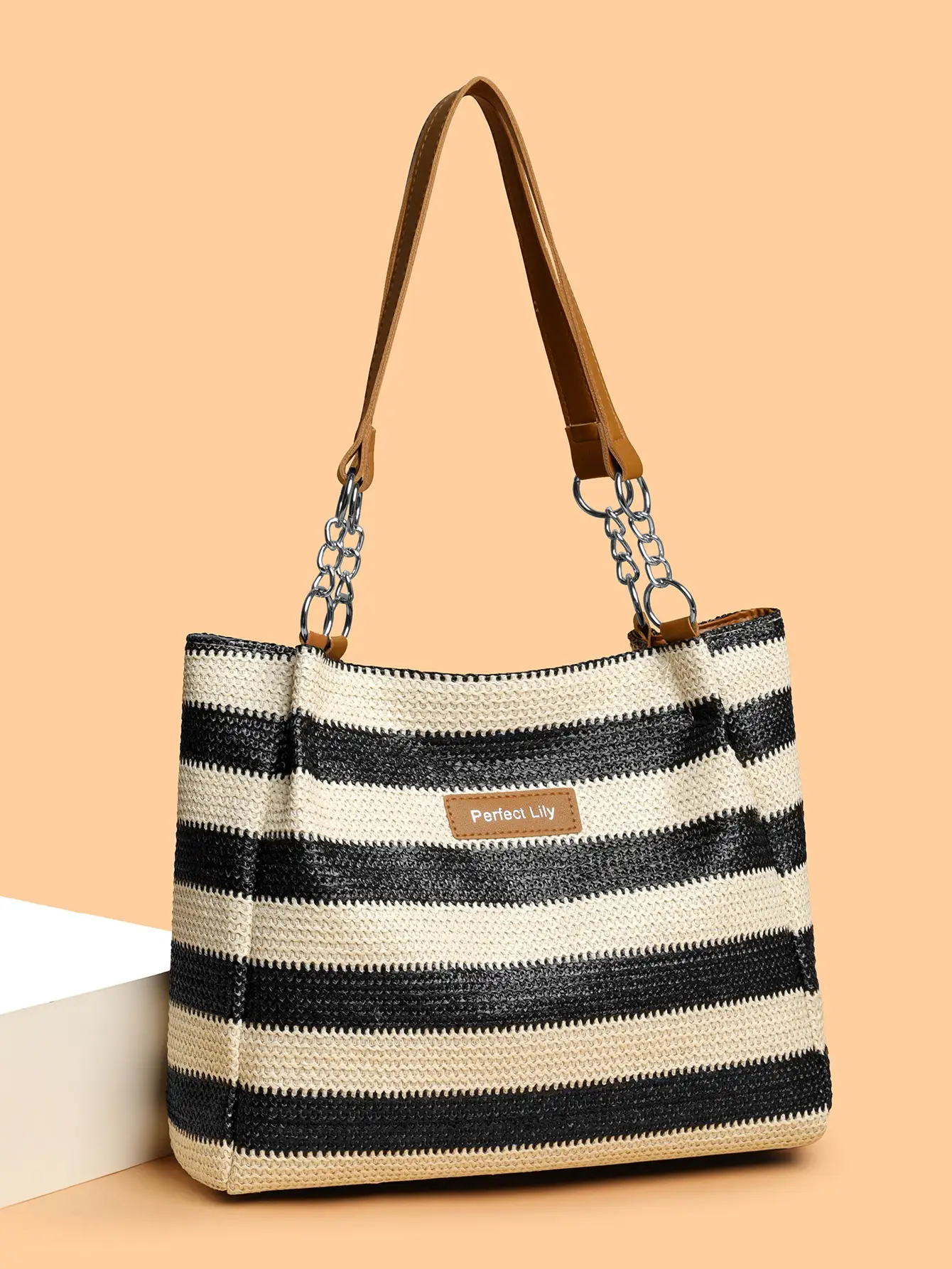 Women Cross Border Straw Tote Bag Red White Striped — feature 6