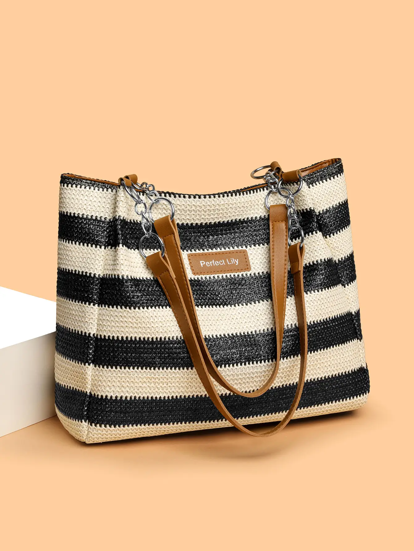 Women Cross Border Straw Tote Bag Red White Striped — feature 7