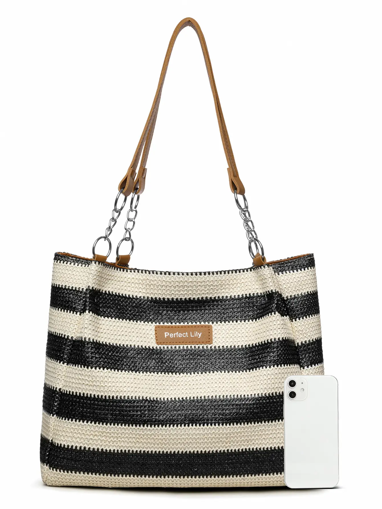 Women Cross Border Straw Tote Bag Red White Striped — feature 9