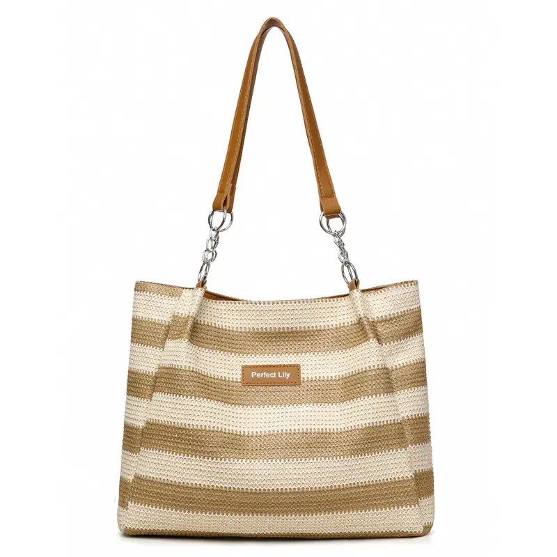 Women Cross Border Straw Tote Bag Red White Striped - Image 2