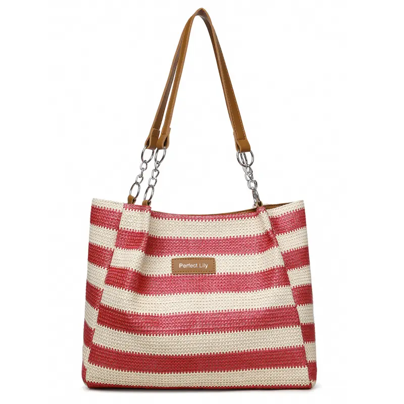 Women Cross Border Straw Tote Bag Red White Striped - Image 3