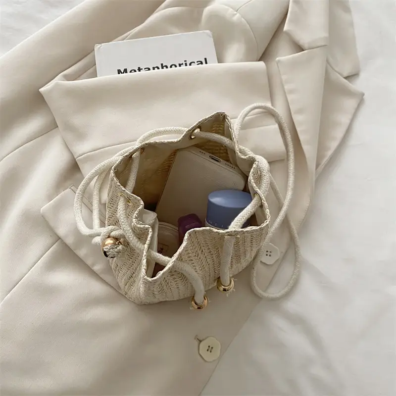 Stylish Beige Knitted Bucket Bag with Drawstring Closure