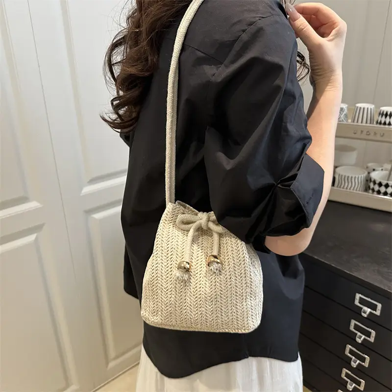 Stylish Beige Knitted Bucket Bag with Drawstring Closure