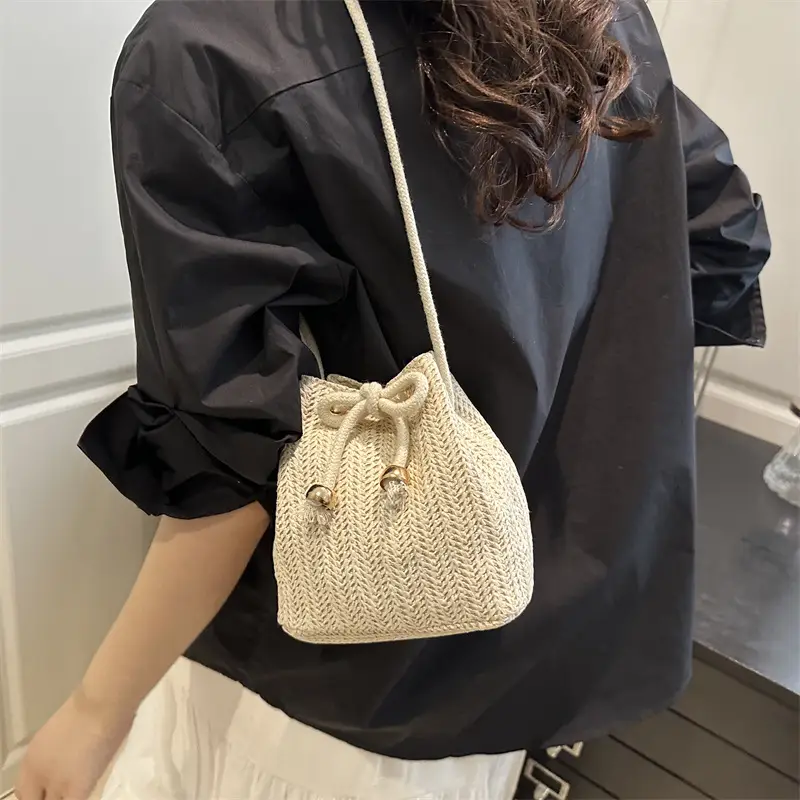 Stylish Beige Knitted Bucket Bag with Drawstring Closure