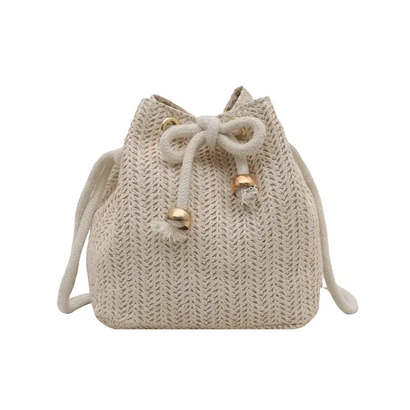 Stylish Beige Knitted Bucket Bag with Drawstring Closure