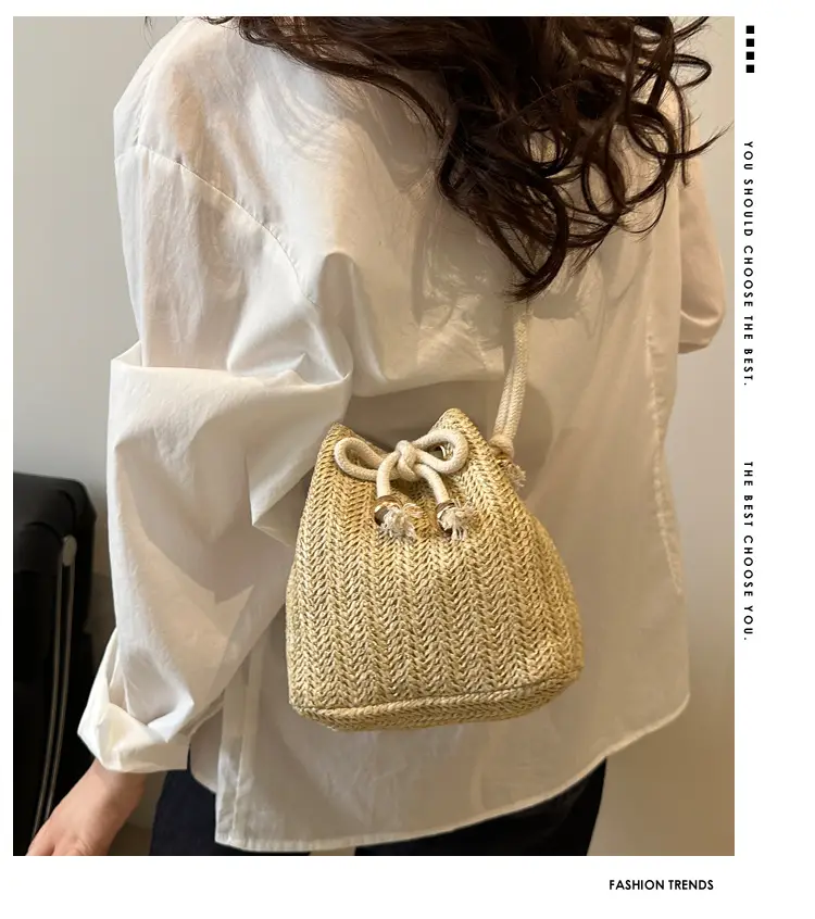 Stylish Beige Knitted Bucket Bag with Drawstring Closure — feature 1