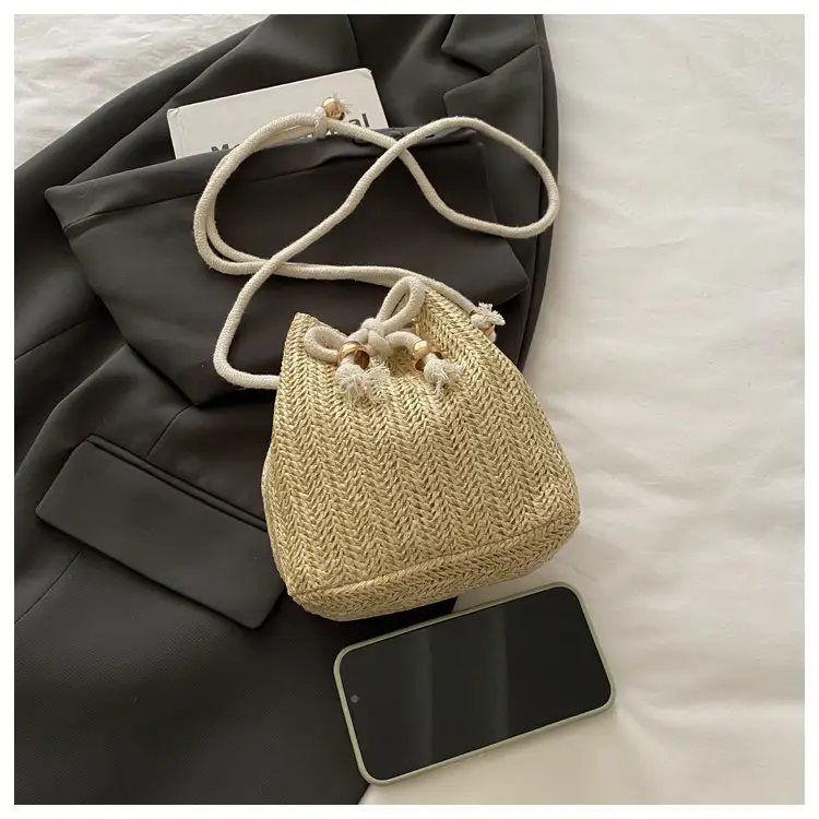 Stylish Beige Knitted Bucket Bag with Drawstring Closure — feature 10