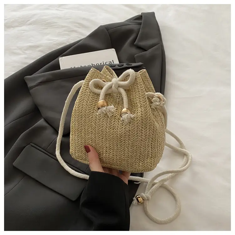 Stylish Beige Knitted Bucket Bag with Drawstring Closure — feature 12