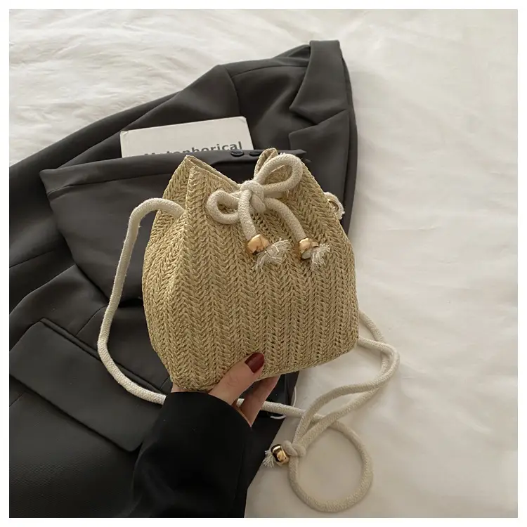 Stylish Beige Knitted Bucket Bag with Drawstring Closure — feature 13