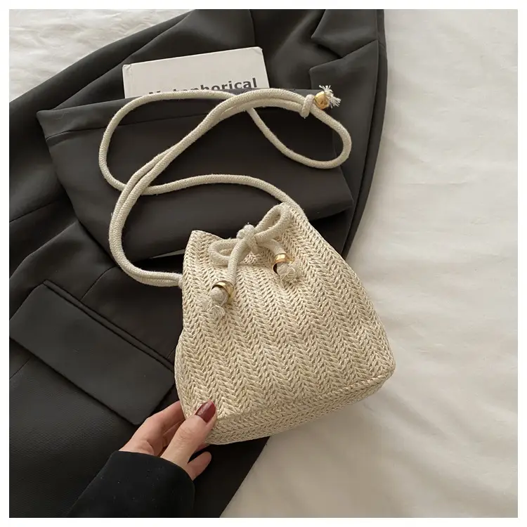 Stylish Beige Knitted Bucket Bag with Drawstring Closure — feature 14