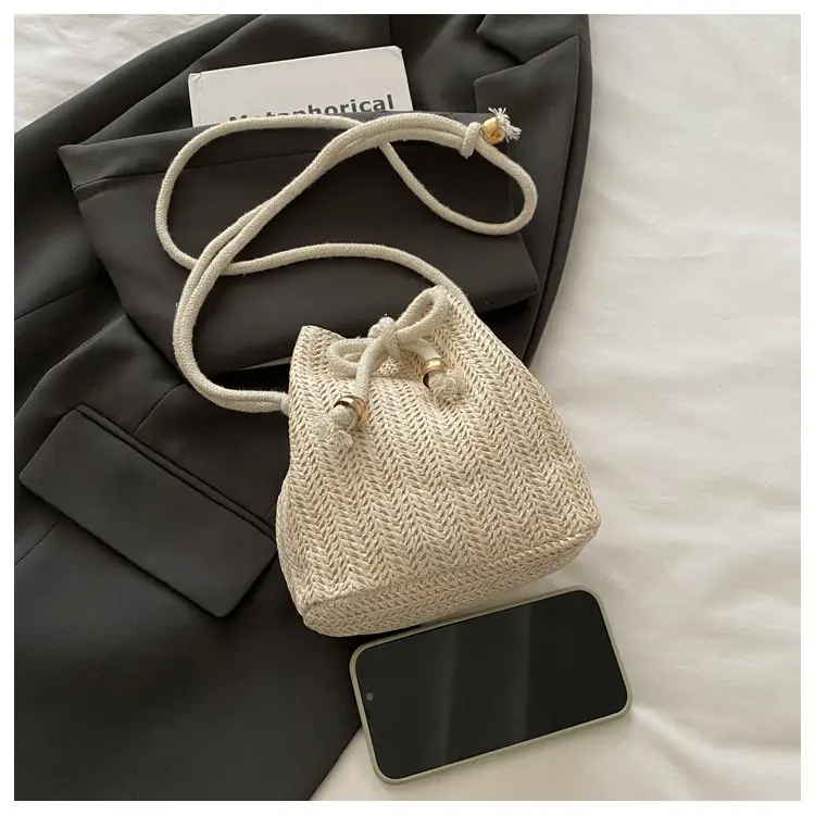 Stylish Beige Knitted Bucket Bag with Drawstring Closure — feature 15