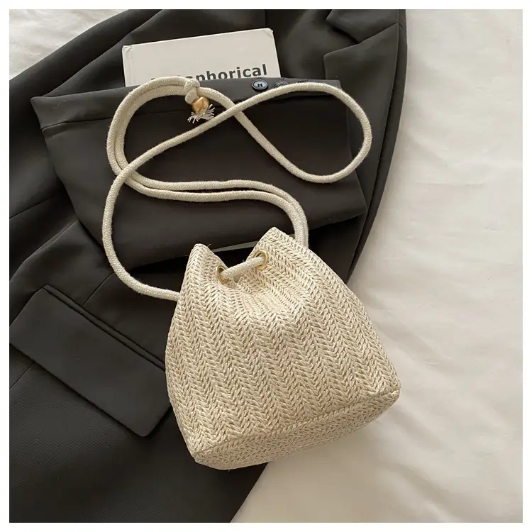 Stylish Beige Knitted Bucket Bag with Drawstring Closure — feature 16