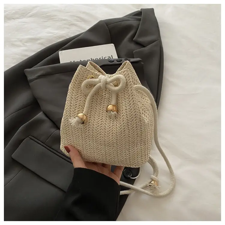 Stylish Beige Knitted Bucket Bag with Drawstring Closure — feature 17