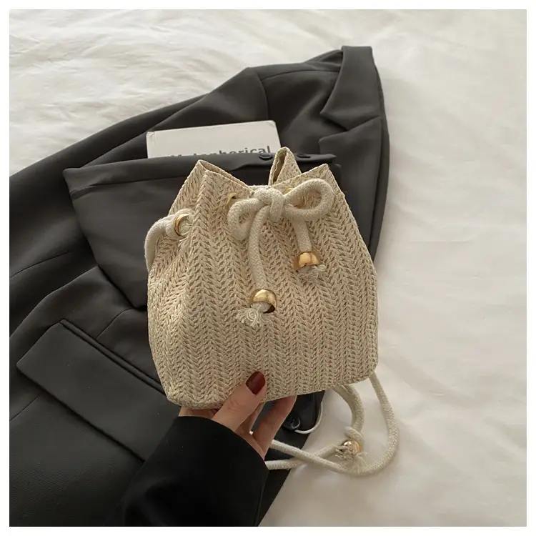 Stylish Beige Knitted Bucket Bag with Drawstring Closure — feature 18