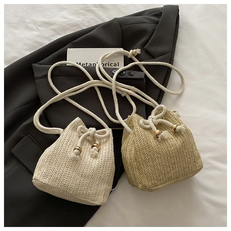 Stylish Beige Knitted Bucket Bag with Drawstring Closure — feature 19
