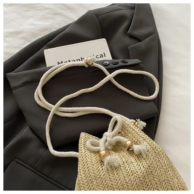 Stylish Beige Knitted Bucket Bag with Drawstring Closure — feature 20