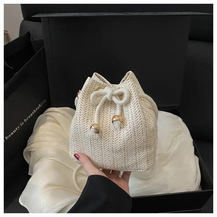 Stylish Beige Knitted Bucket Bag with Drawstring Closure — feature 21