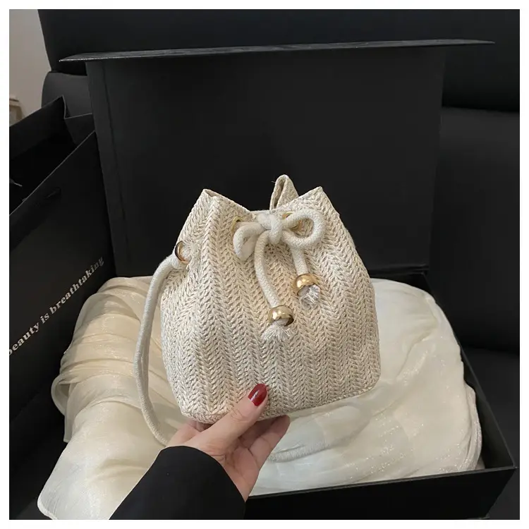 Stylish Beige Knitted Bucket Bag with Drawstring Closure — feature 22