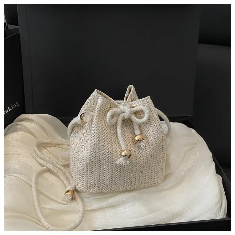 Stylish Beige Knitted Bucket Bag with Drawstring Closure — feature 23