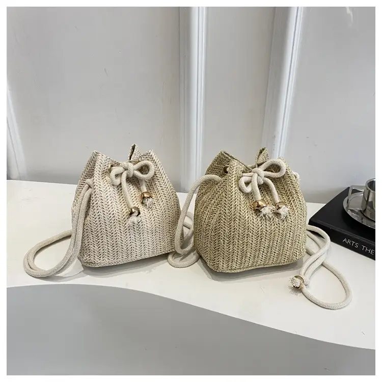 Stylish Beige Knitted Bucket Bag with Drawstring Closure — feature 24