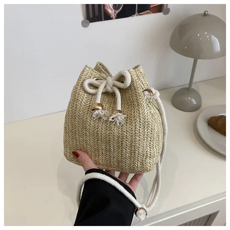 Stylish Beige Knitted Bucket Bag with Drawstring Closure — feature 25