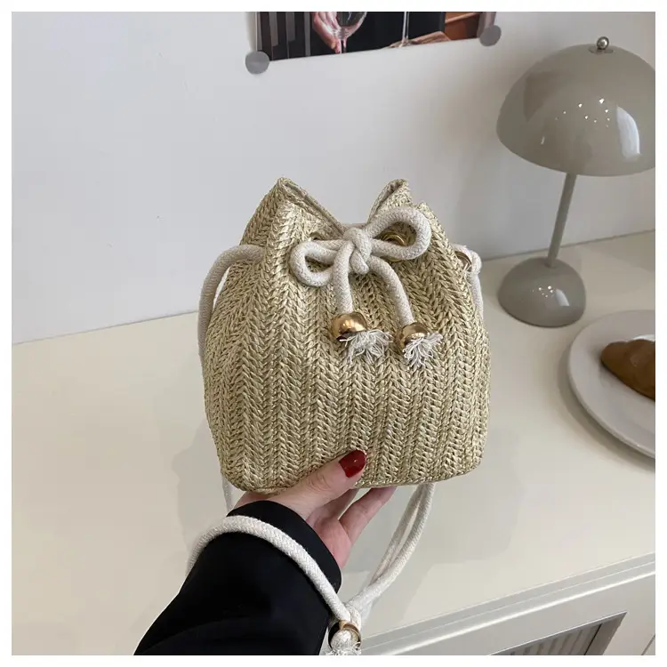 Stylish Beige Knitted Bucket Bag with Drawstring Closure — feature 26