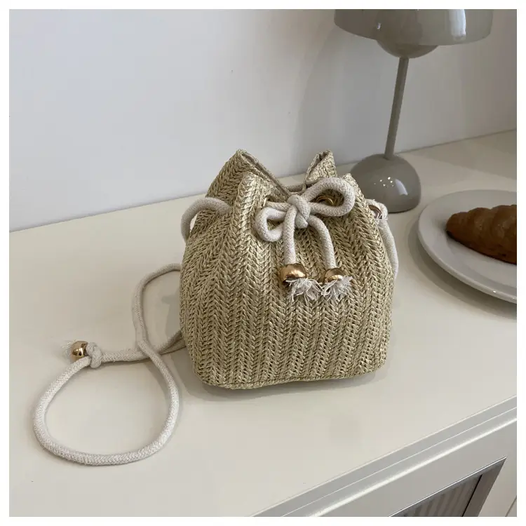 Stylish Beige Knitted Bucket Bag with Drawstring Closure — feature 27