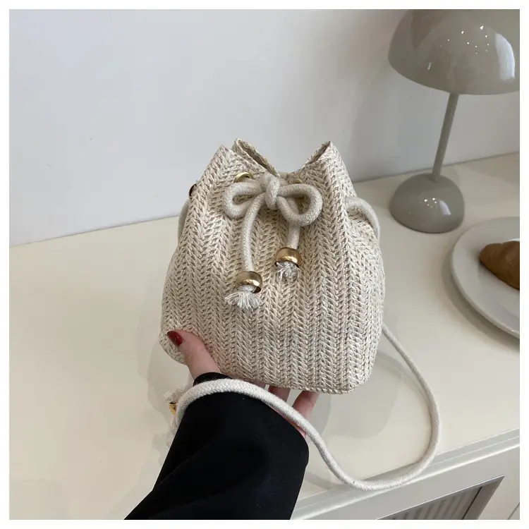 Stylish Beige Knitted Bucket Bag with Drawstring Closure — feature 28
