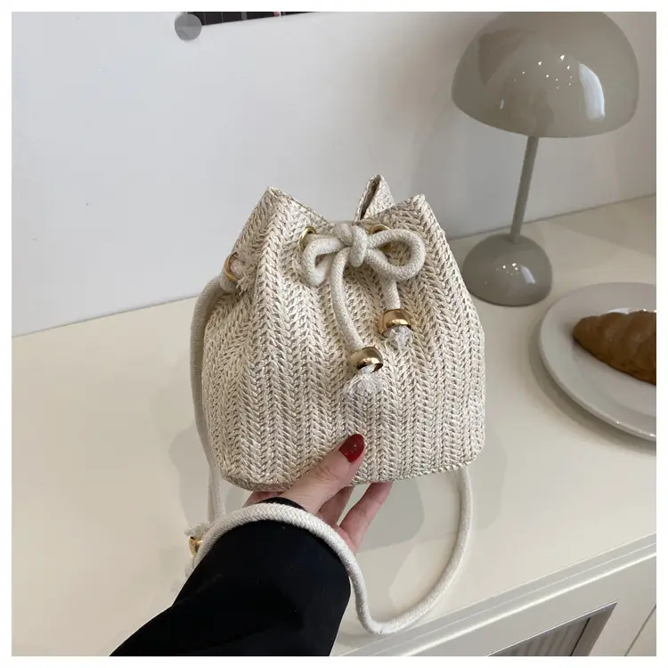 Stylish Beige Knitted Bucket Bag with Drawstring Closure — feature 29