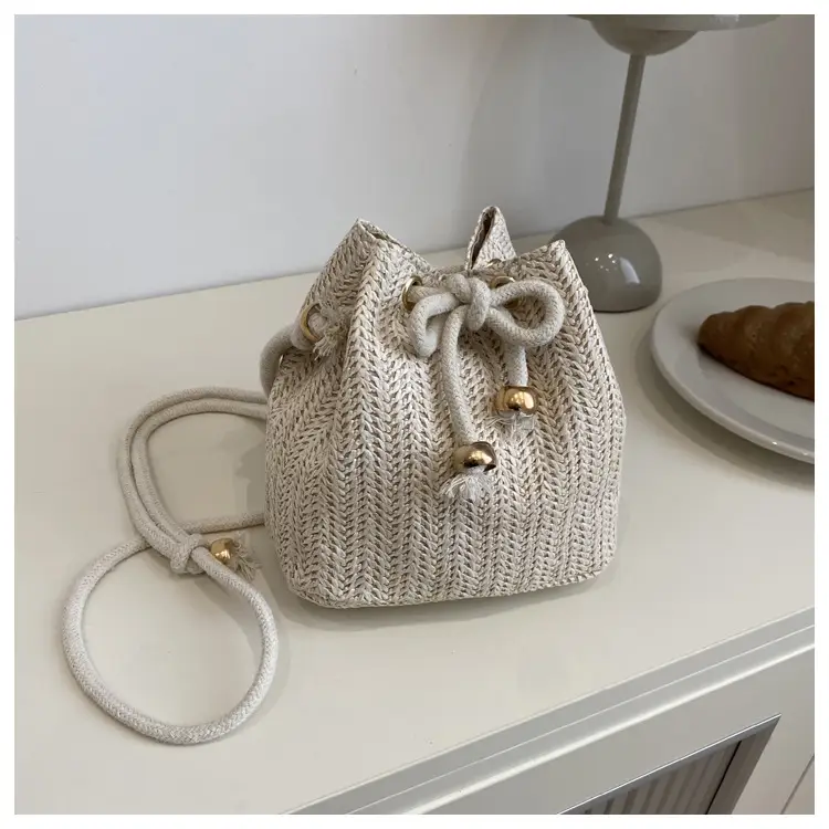 Stylish Beige Knitted Bucket Bag with Drawstring Closure — feature 30