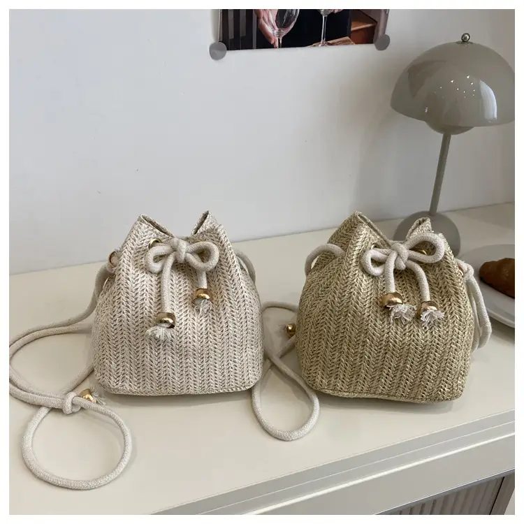 Stylish Beige Knitted Bucket Bag with Drawstring Closure — feature 31