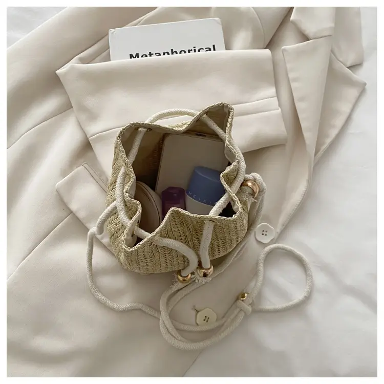 Stylish Beige Knitted Bucket Bag with Drawstring Closure — feature 32