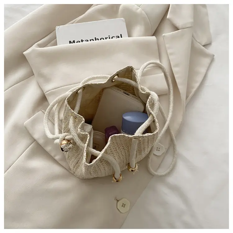 Stylish Beige Knitted Bucket Bag with Drawstring Closure — feature 33