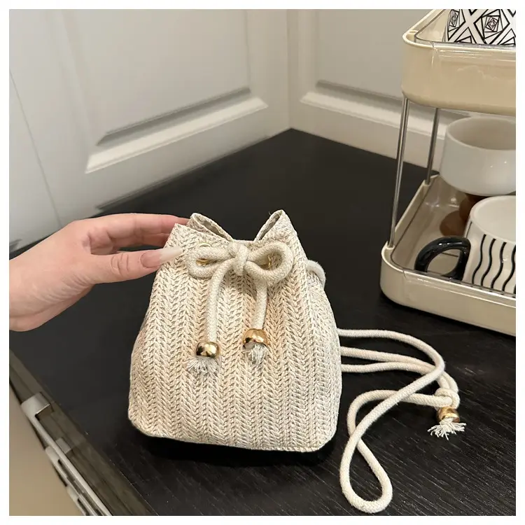 Stylish Beige Knitted Bucket Bag with Drawstring Closure — feature 34