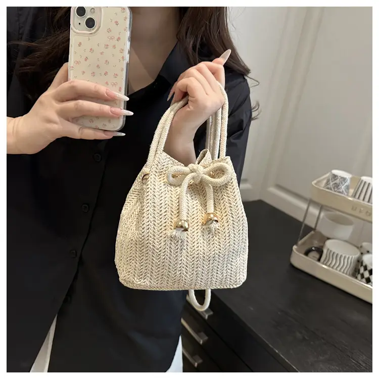 Stylish Beige Knitted Bucket Bag with Drawstring Closure — feature 35