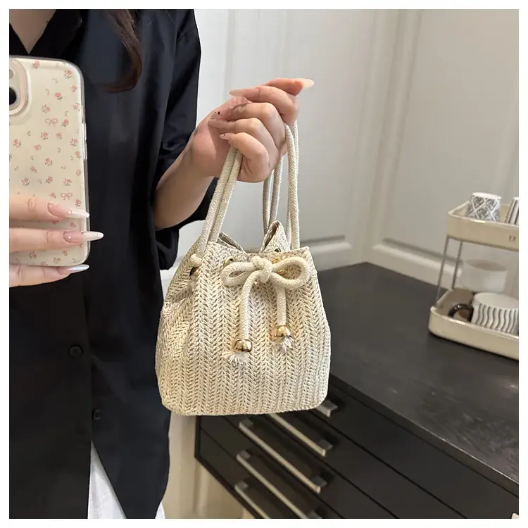 Stylish Beige Knitted Bucket Bag with Drawstring Closure — feature 36