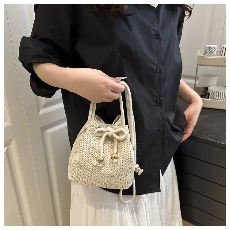 Stylish Beige Knitted Bucket Bag with Drawstring Closure — feature 37