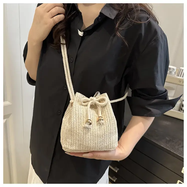 Stylish Beige Knitted Bucket Bag with Drawstring Closure — feature 38