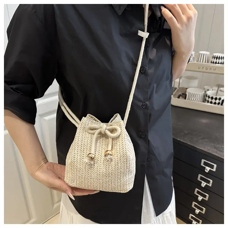 Stylish Beige Knitted Bucket Bag with Drawstring Closure — feature 40