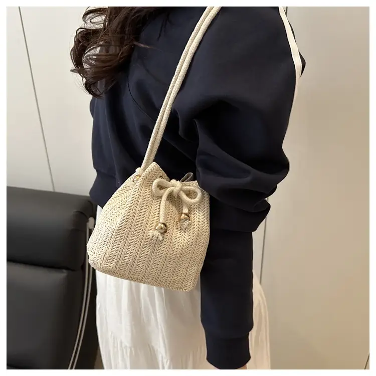 Stylish Beige Knitted Bucket Bag with Drawstring Closure — feature 41