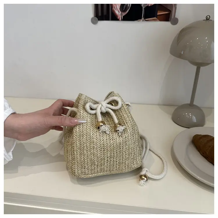 Stylish Beige Knitted Bucket Bag with Drawstring Closure — feature 42