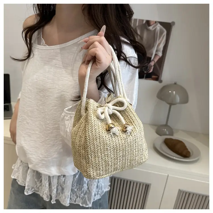 Stylish Beige Knitted Bucket Bag with Drawstring Closure — feature 43