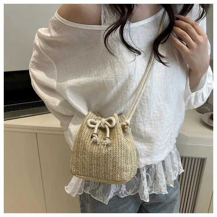 Stylish Beige Knitted Bucket Bag with Drawstring Closure — feature 44