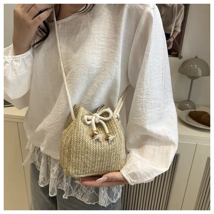 Stylish Beige Knitted Bucket Bag with Drawstring Closure — feature 45
