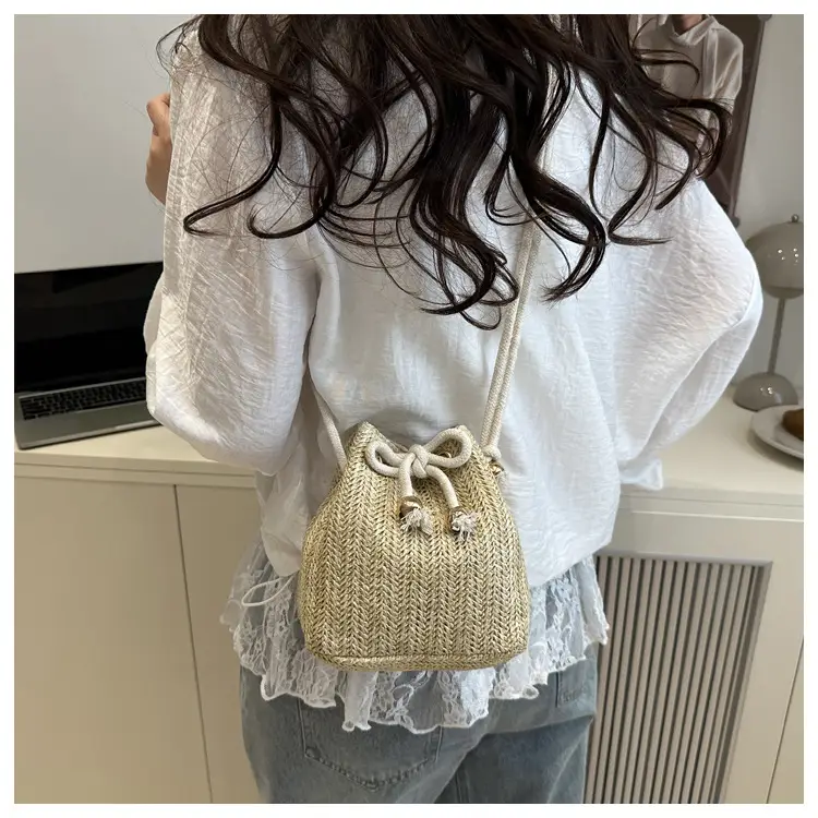 Stylish Beige Knitted Bucket Bag with Drawstring Closure — feature 46
