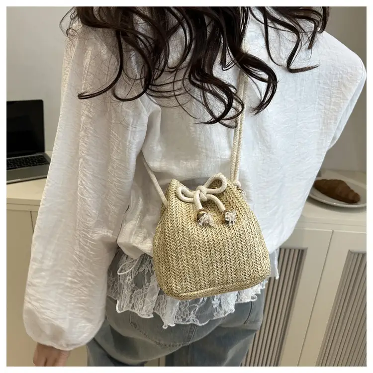 Stylish Beige Knitted Bucket Bag with Drawstring Closure — feature 47