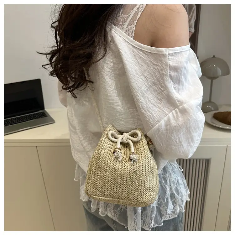Stylish Beige Knitted Bucket Bag with Drawstring Closure — feature 48