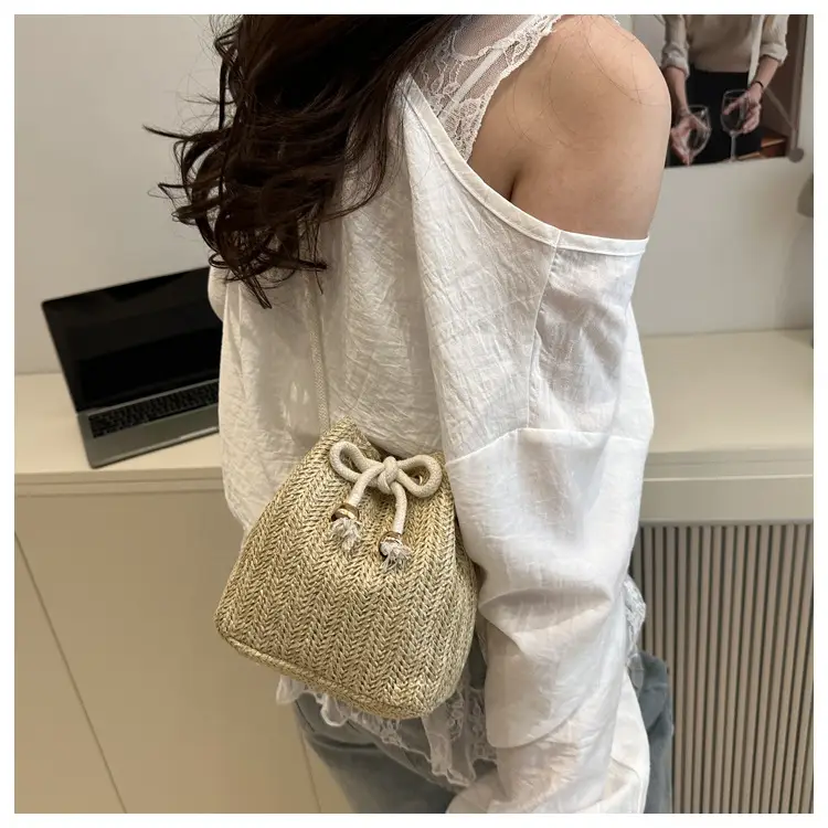 Stylish Beige Knitted Bucket Bag with Drawstring Closure — feature 49